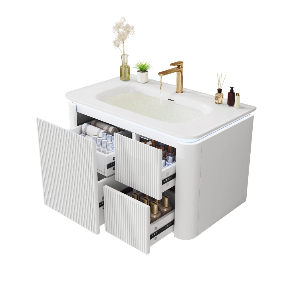 Mobile sottolavabo sospeso con lavabo integrato ¨C Minimal ¨C Bianco 80.5x47.5x51cm cassetti LED