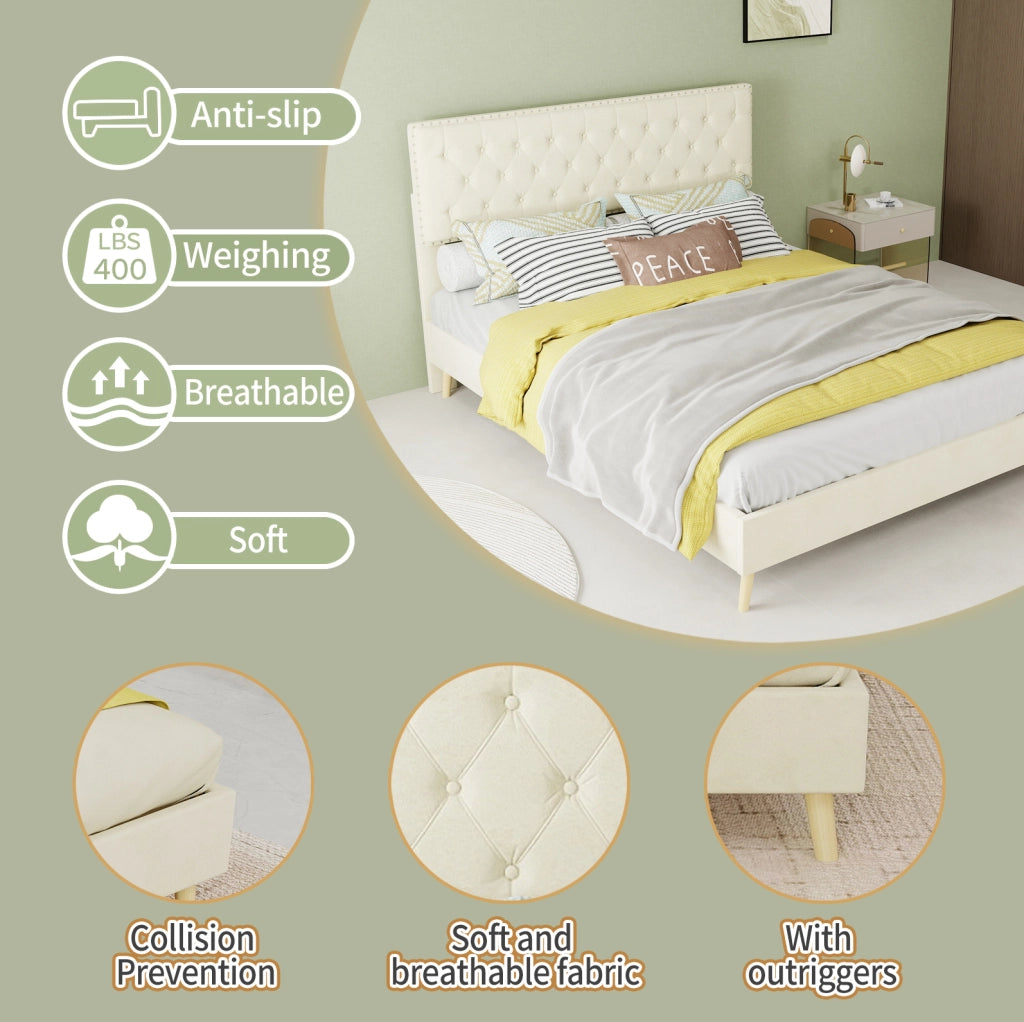 Letto 140x200 cm in velluto olandese beige con testiera alta e rete a doghe