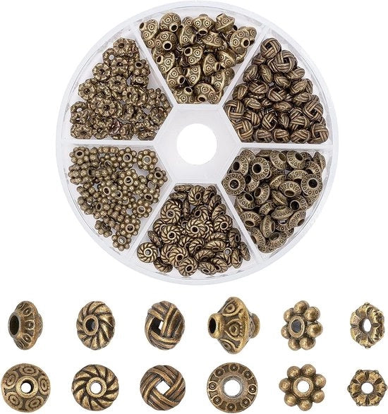 Spaziatori tibetani in stile antico - 295 pezzi - spacer per bracciali DIY - bronzo - diverse forme - fettuccia metallica con foro 1-2mm.