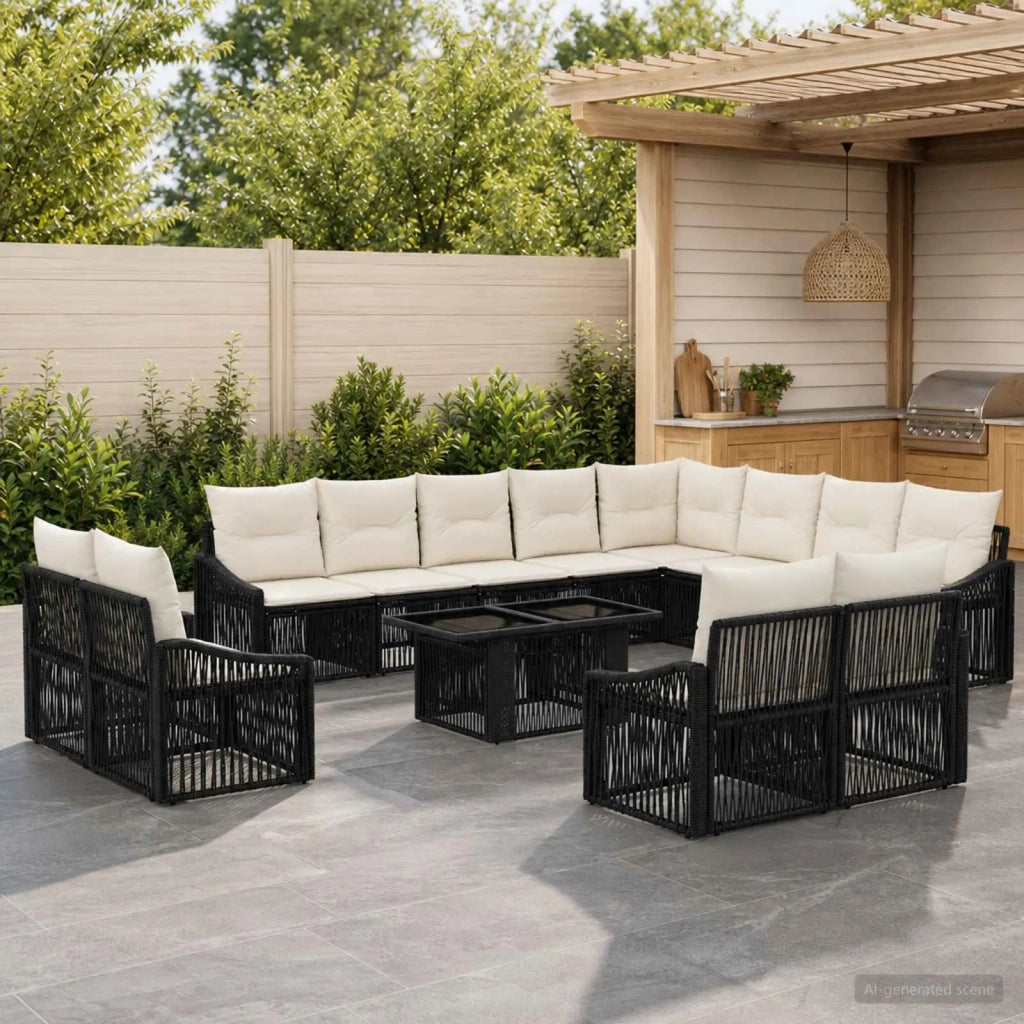 Set Divano da Giardino 13 pz Nero e Bianco Crema polyrattan 3437332