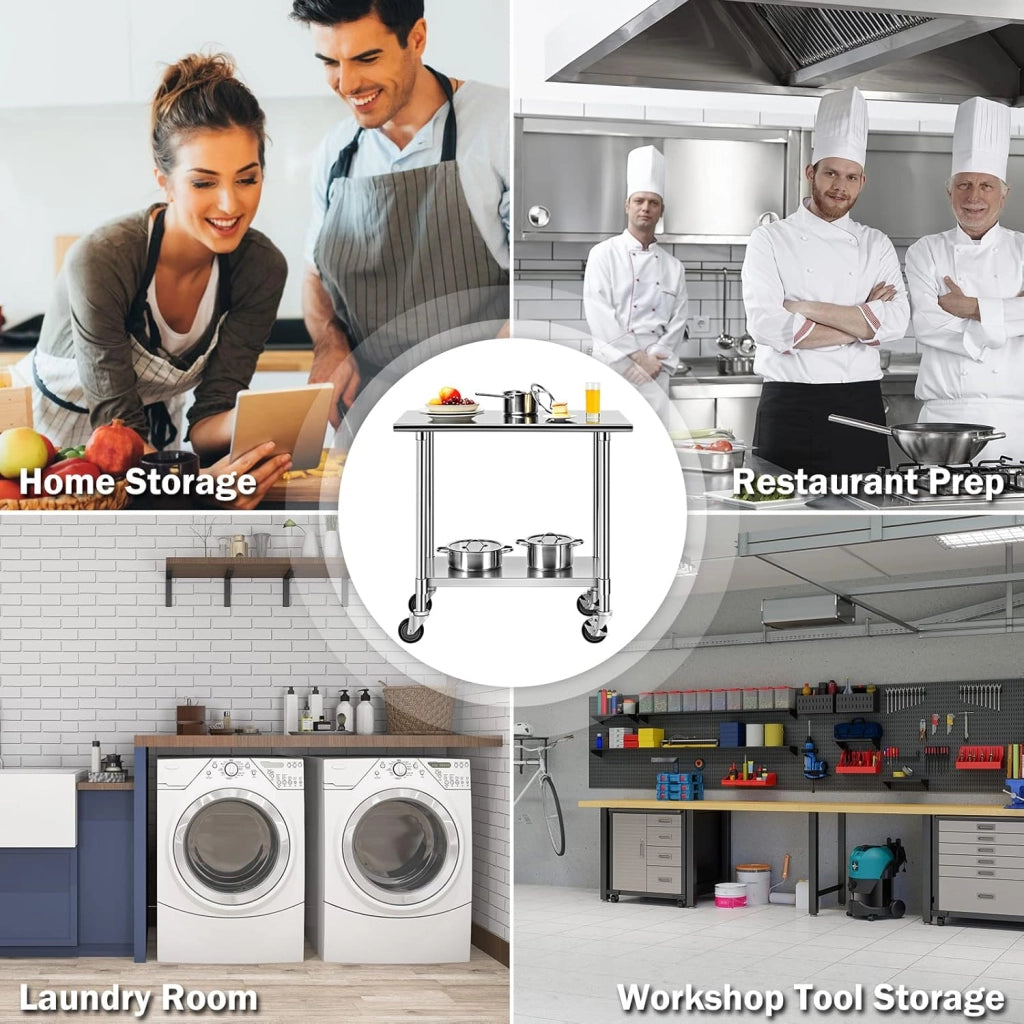Tavolino da Lavoro, Banco da Lavoro, Tavolo in metallo con Ruote, Tavolo da Cucina in Acciaio, Ideale per Supermercato, Ristorante e Negozio, Elevata Capacità di Carico, Argento