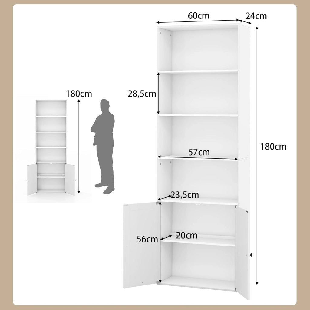 Libreria Scaffale con Ante, Libreria in Legno con 6 Ripiani e 2 Ante, Mobile Multiuso con Ripiano Regolabile per Soggiorno, Camera da Letto, Cucina, 60 x 24 x 180 cm, Bianco