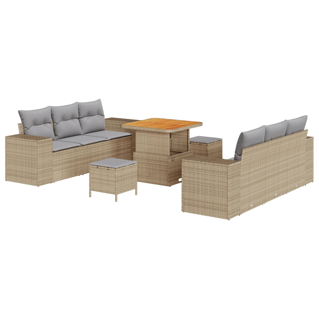 Set divano da giardino  a 9 pezzi con cuscini beige in rattan polimerico e acacia