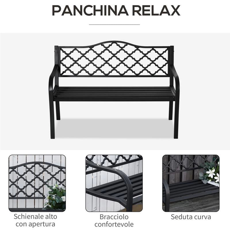 PANCHINA DA ESTERNO 2 POSTI IN ACCIAIO E GHISA CON BRACCIOLI E SCHIENALE DECORATO 128X58.5X89CM NERO