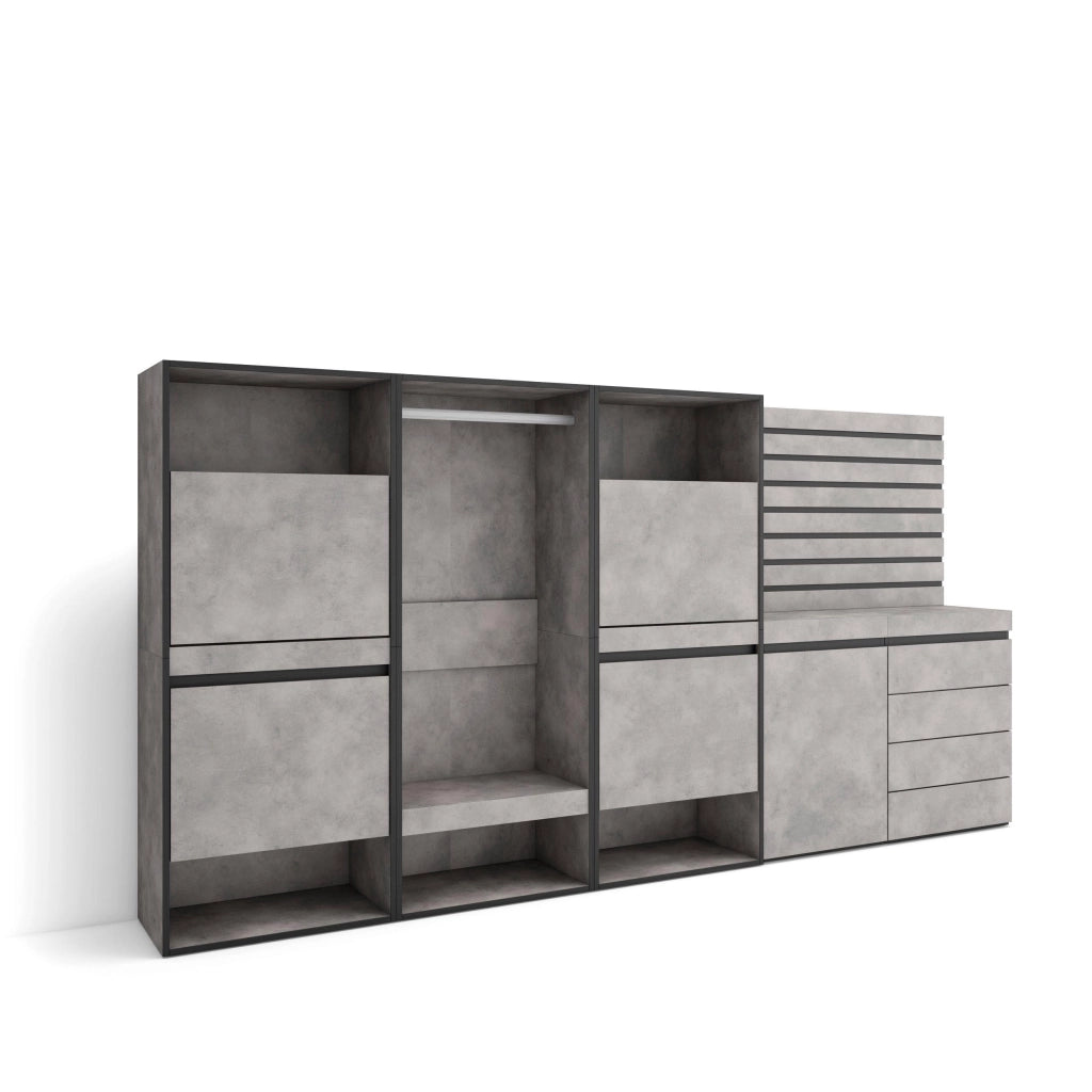 Scarpiera, 287x35x145cm, Camera da letto, Armadio Aperto, Cassettiera, Pannelli Decorativi, grigio cemento RF3526