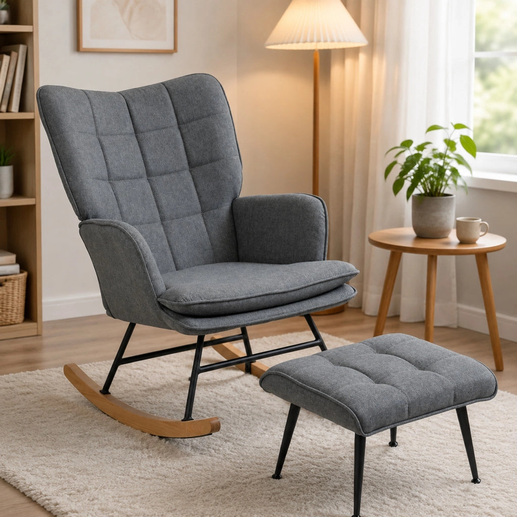 Sedia a dondolo 64x89x90 cm con poggiapiedi; schienale alto e imbottitura; poliestere grigio