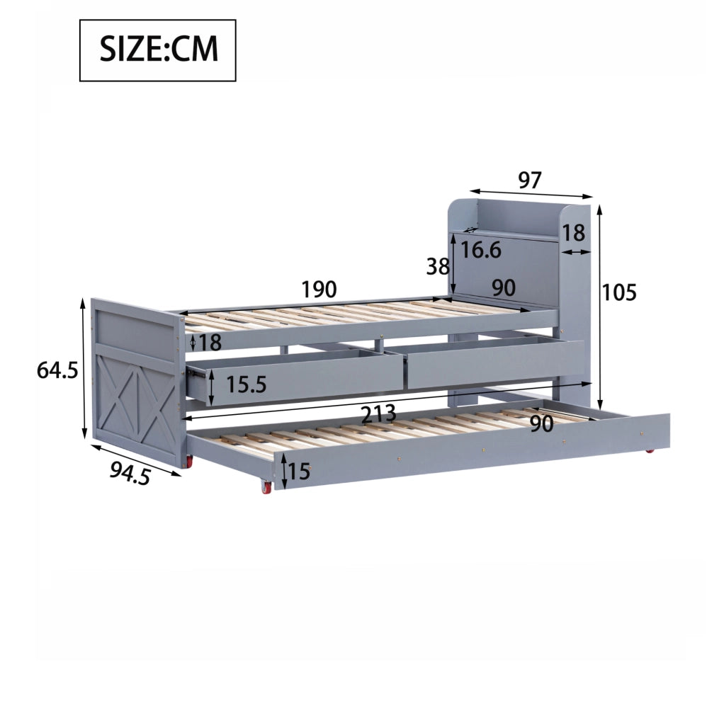 Letto singolo in legno massello 90x190 cm con cassetti e USB