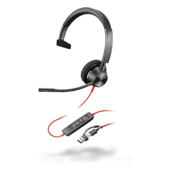 Poly cuffie monoaurali blackwire 3310 con connettore usb-c, certificate per microsoft teams + adattatore usb-c/a - 8X216AA