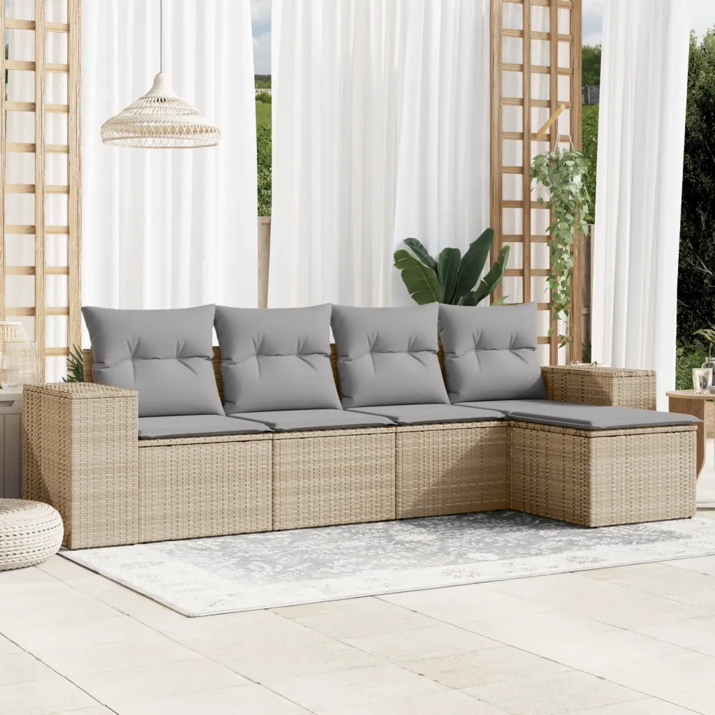 Set Divano da Giardino 5 pz | Set Salotto da Giardino con Cuscini Beige in Polyrattan