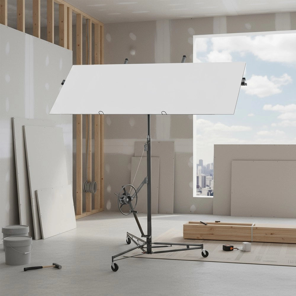 Sollevatore per pannelli in cartongesso pieghevole ¨C Minimal ¨C portata 68 kg, altezza regolabile 180-470 cm, 3 ruote con freno, inclinazione 60¡ã, grigio