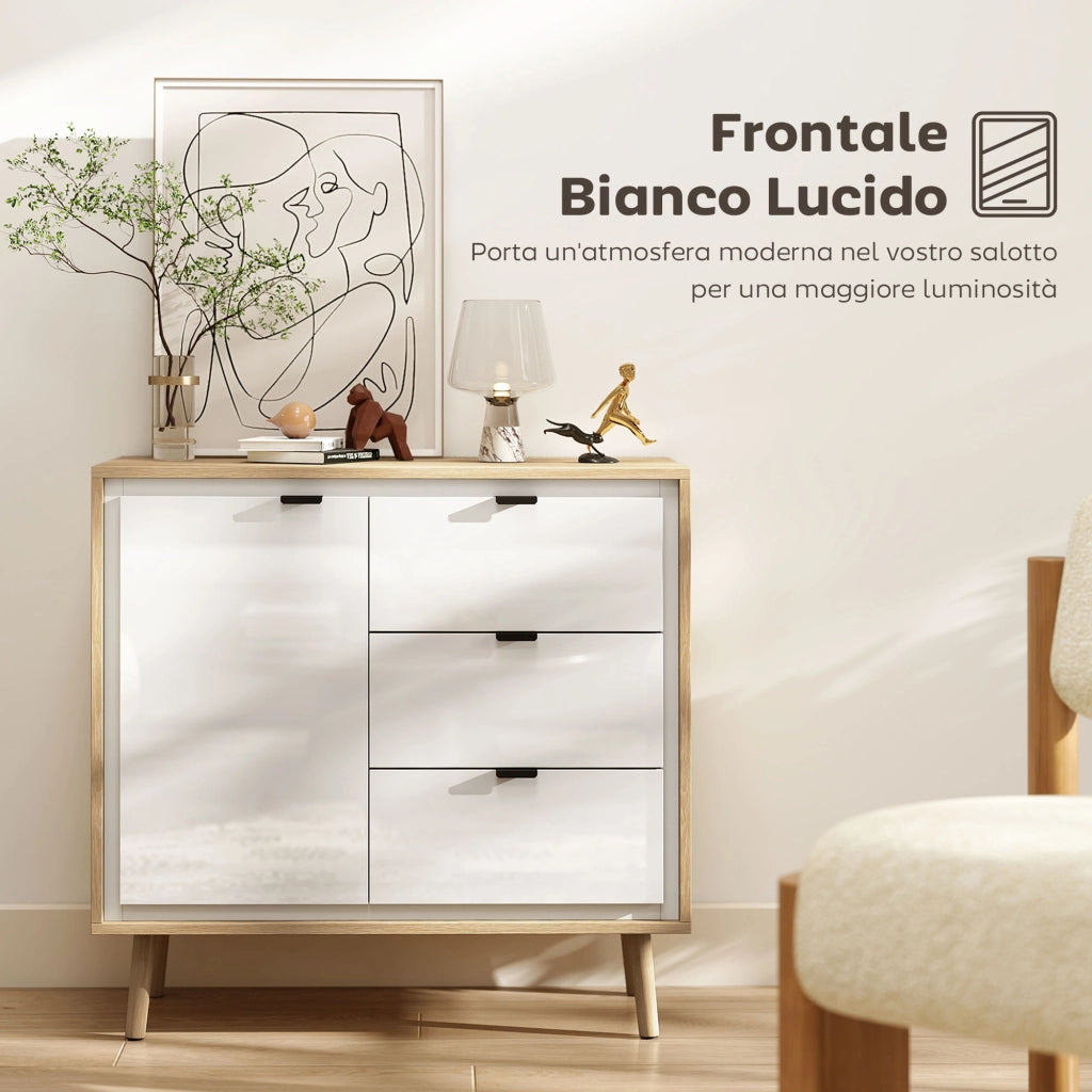 Credenza Moderna con 3 Cassetti e Armadietto. Ripiano Interno Regolabile e Ante Lucide. Bianco e Rovere