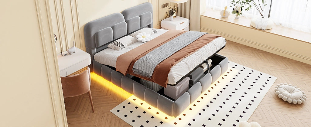 DESMIU Letto contenitore matrimoniale 140 × 200 cm con vano idraulico e LED, senza materasso, velluto grigio