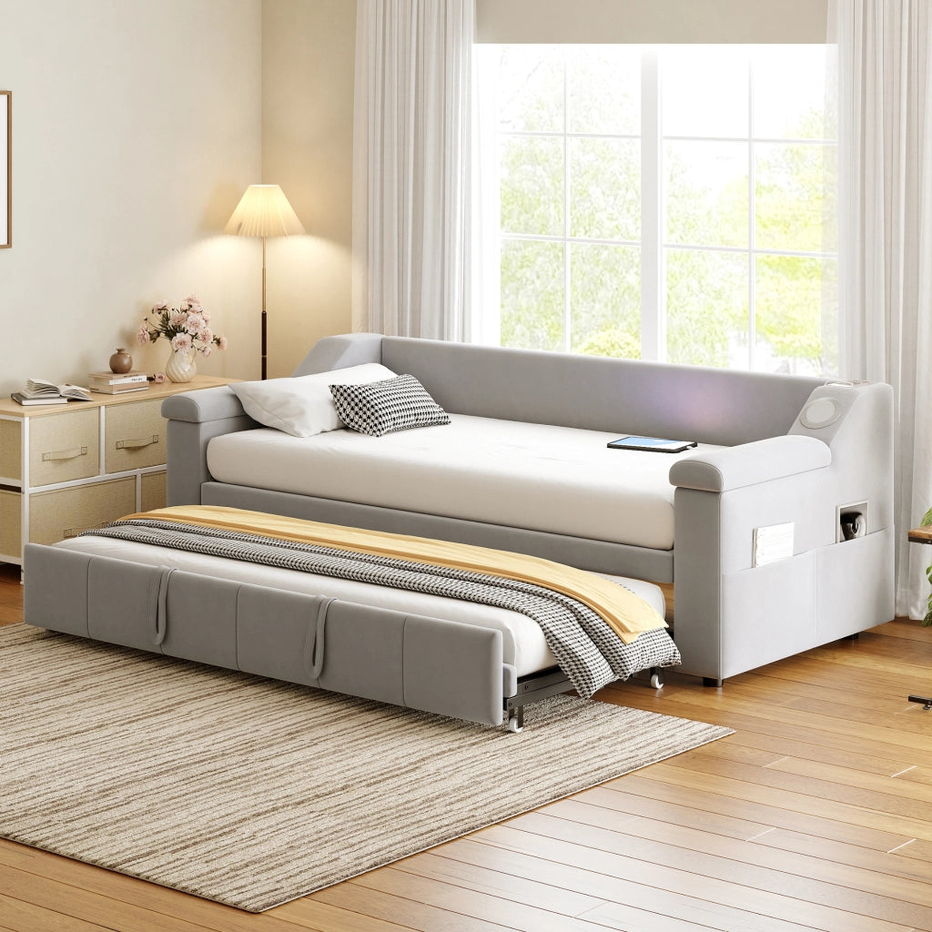 Letto imbottito salvaspazio 90×190 cm e 180×190 cm con USB; ripiani e Bluetooth; senza materasso; grigio chiaro