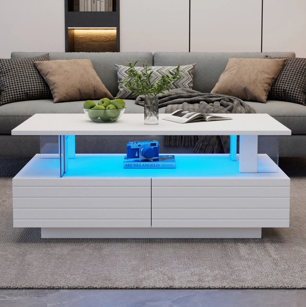 Tavolino da caffè LED bianco moderno con contenitore; 100 x 50 x 42 cm; in truciolare e acrilico