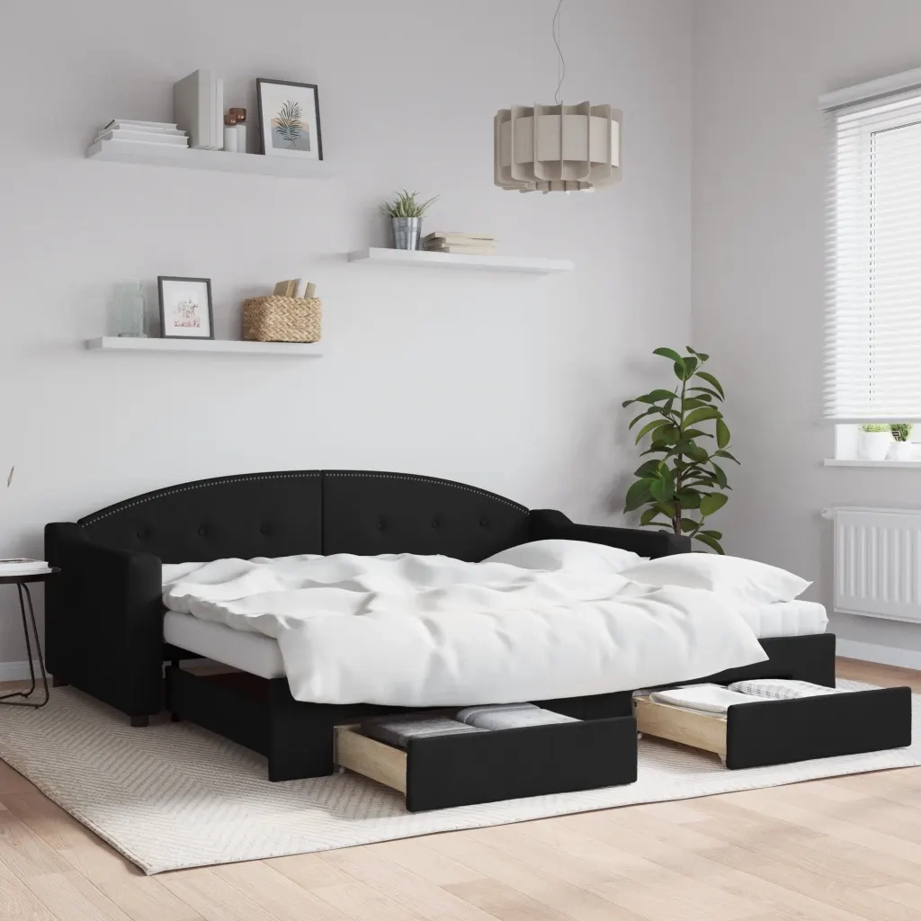 Divano Letto Estraibile con Cassetti Nero 90x190 cm in Tessuto 3197596