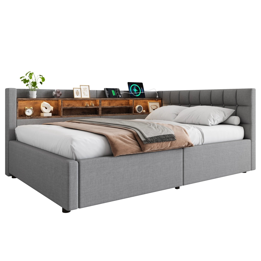 Letto matrimoniale contenitore 140x200 cm con sollevamento idraulico; LED; testiera con ripiano e USB; grigio