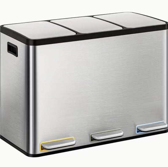 Contenitore Rifiuti Cucina 45L (3 x 15L) – Sistema di Separazione Rifiuti in Acciaio Inox con Pedali Codificati per Colore e Chiusura Silenziosa