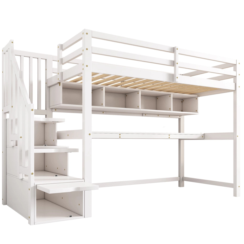 Letto a soppalco per bambini 90x200 cm con scrivania; scala contenitore e ripiani bianco