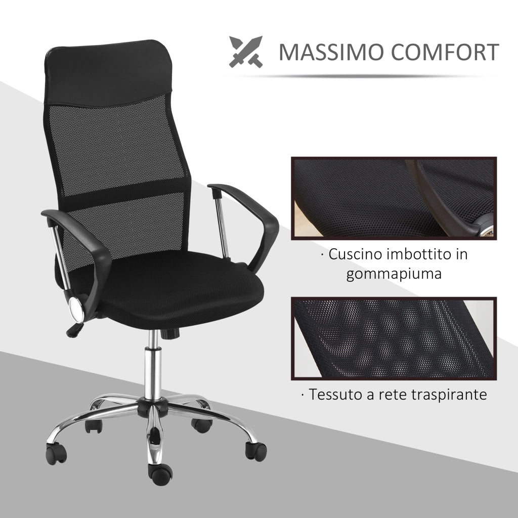 EasyComfort Sedia Ergonomica da Ufficio Girevole e Dondolo con Ruote, Altezza Regolabile e Schienale a Rete, 63x65x109-119 cm, Nero