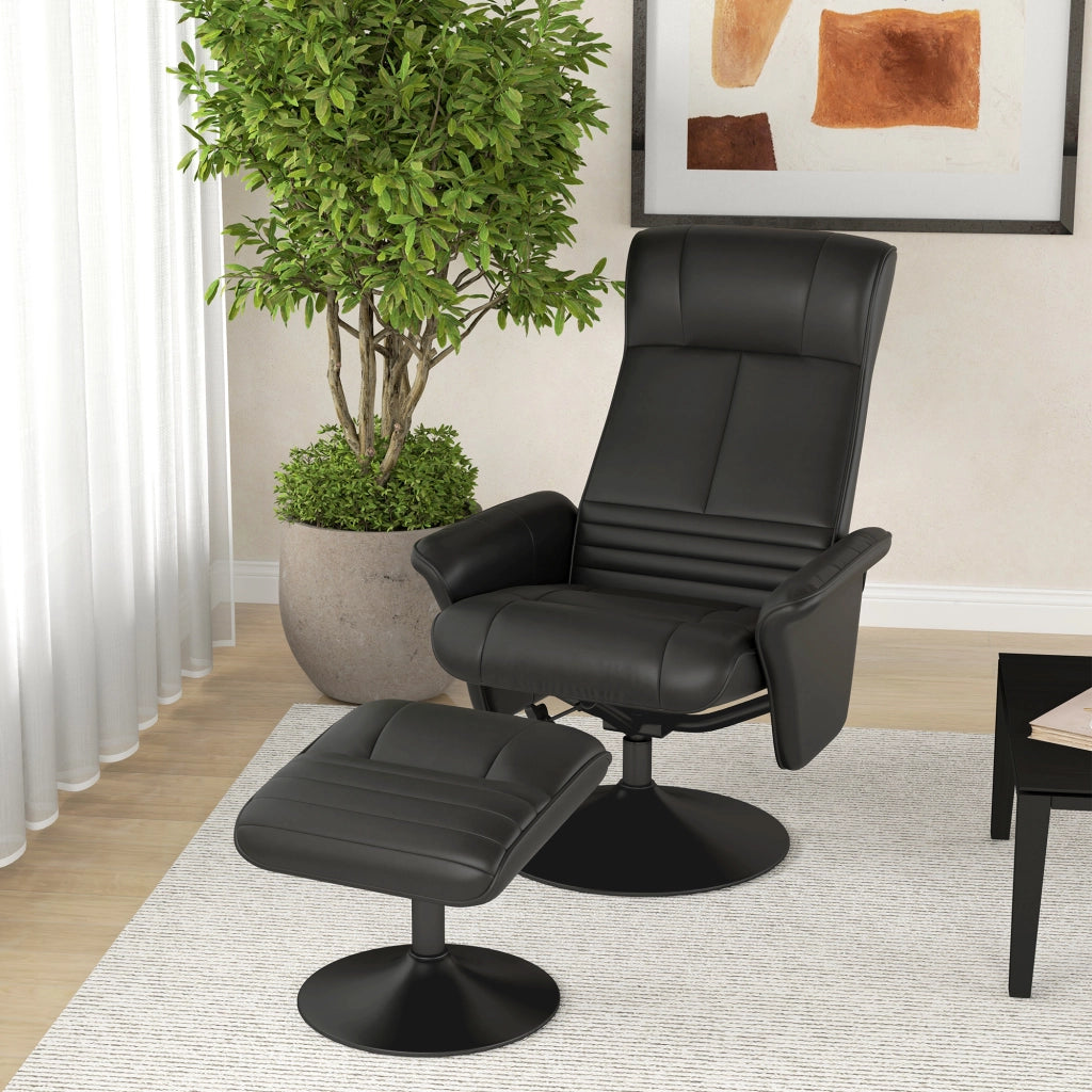 Poltrona relax girevole con poggiapiedi, reclinabile fino a 135°, rivestimento in poliestere nero, portata fino a 150 kg