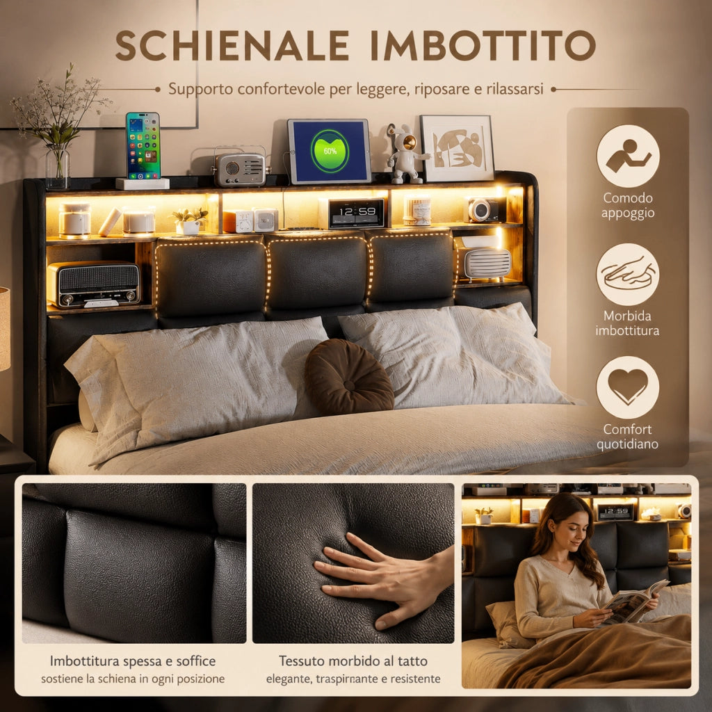 Letto matrimoniale con contenitore idraulico, testiera con vani, LED RGB, pelle sintetica nera, 140x190 cm, con porte USB e presa di corrente