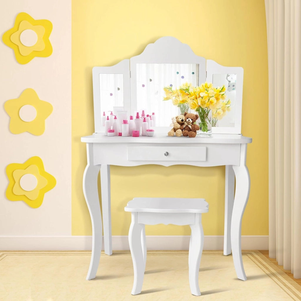 2-in-1 Toeletta Trucco Bambina, Tavolo da Trucco per Bambini con 3 Specchio e Sgabello, Postazione Trucco con 1 Cassetto, 3-7 Anni (Bianco)