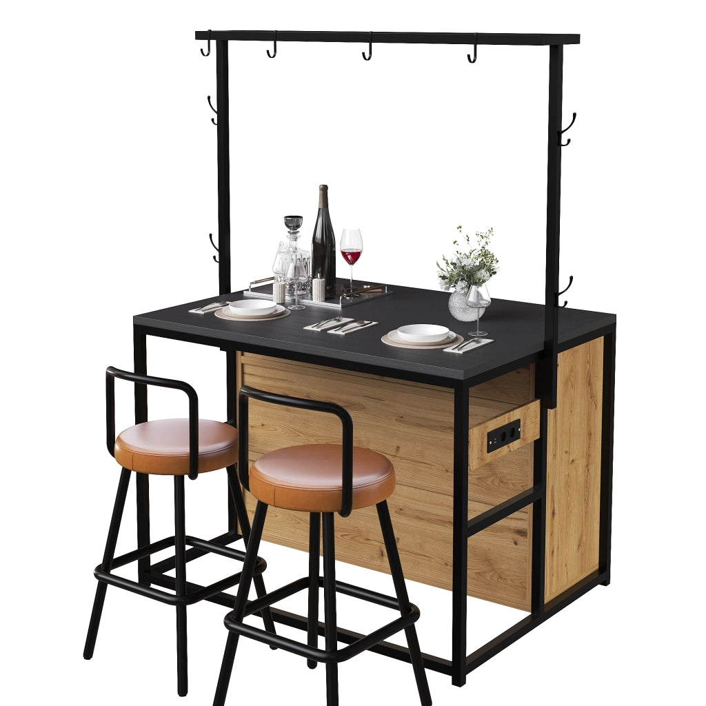 Mobile da cucina con 2 sgabelli; prese integrate; vani aperti e ante scorrevoli; per cucina e sala da pranzo