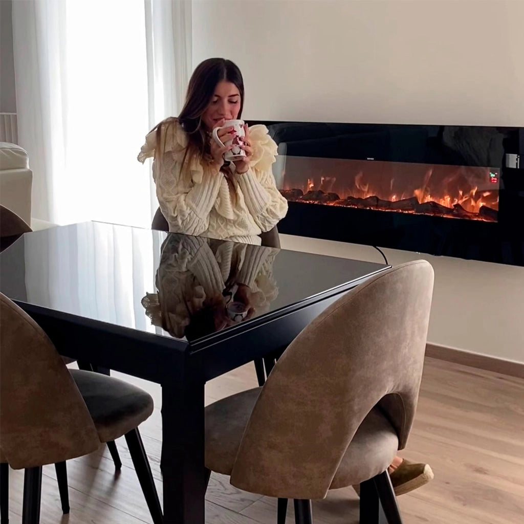 Sined Aprica Caminetto Elettrico Da Parete In Acciaio e Vetro Da 1500w Effetto Fiamma Led Nero Realistico Effetto Fiamma Led In 6 Livelli Di Intensita Della Luce Con Telecomando Per Casa e Ufficio