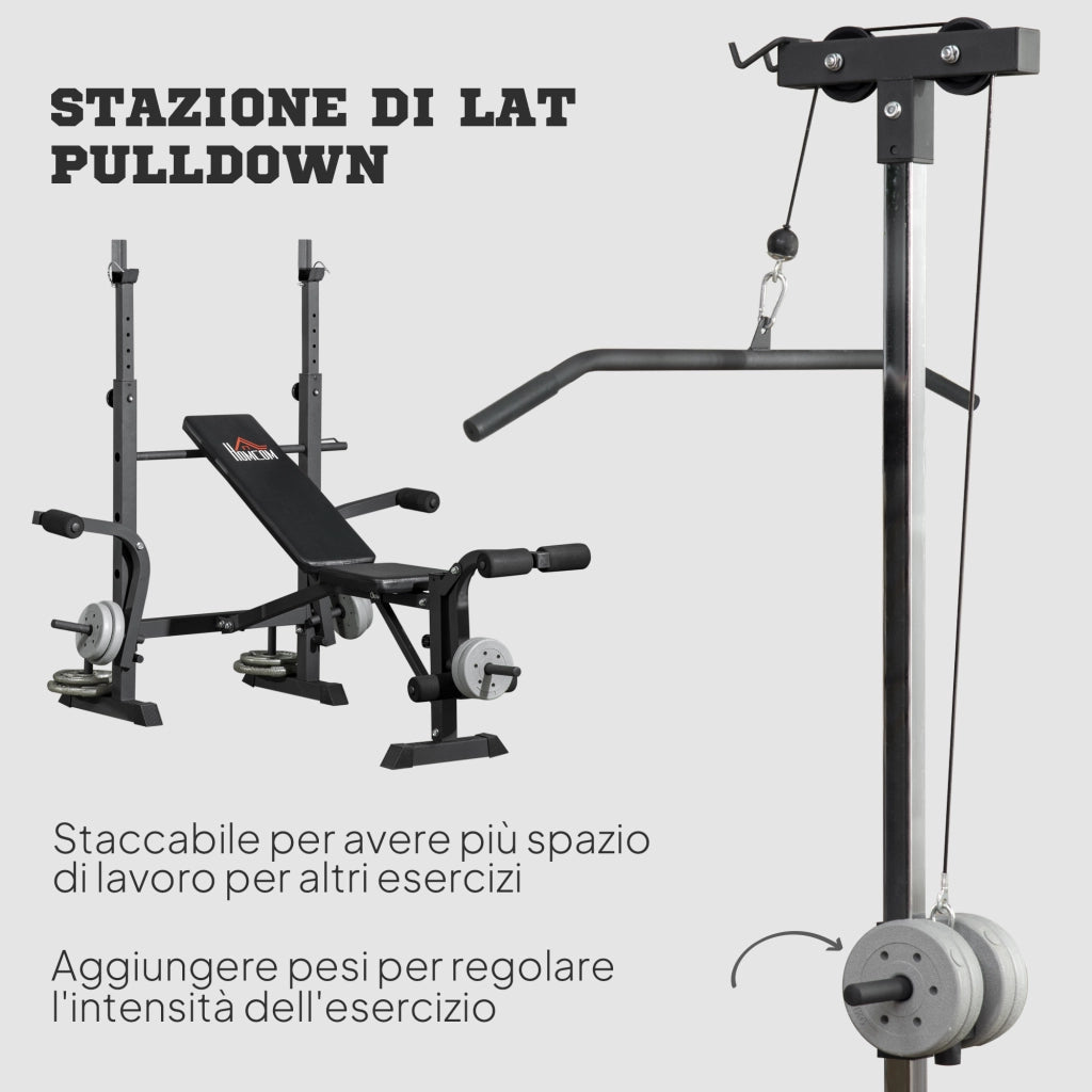 Panca Fitness con Leg Press, Squat Rack e Leg Extension, in Acciaio e PU, 180x134x200 cm, Nero e Argento