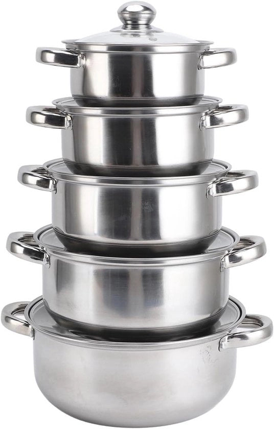 Set di pentole in acciaio inossidabile con coperchio in vetro, maniglia a due manici - Pentola multifunzionale per cucina - Set di 16cm, 18cm, 20cm, 22cm, 24cm - Base piana staccabile