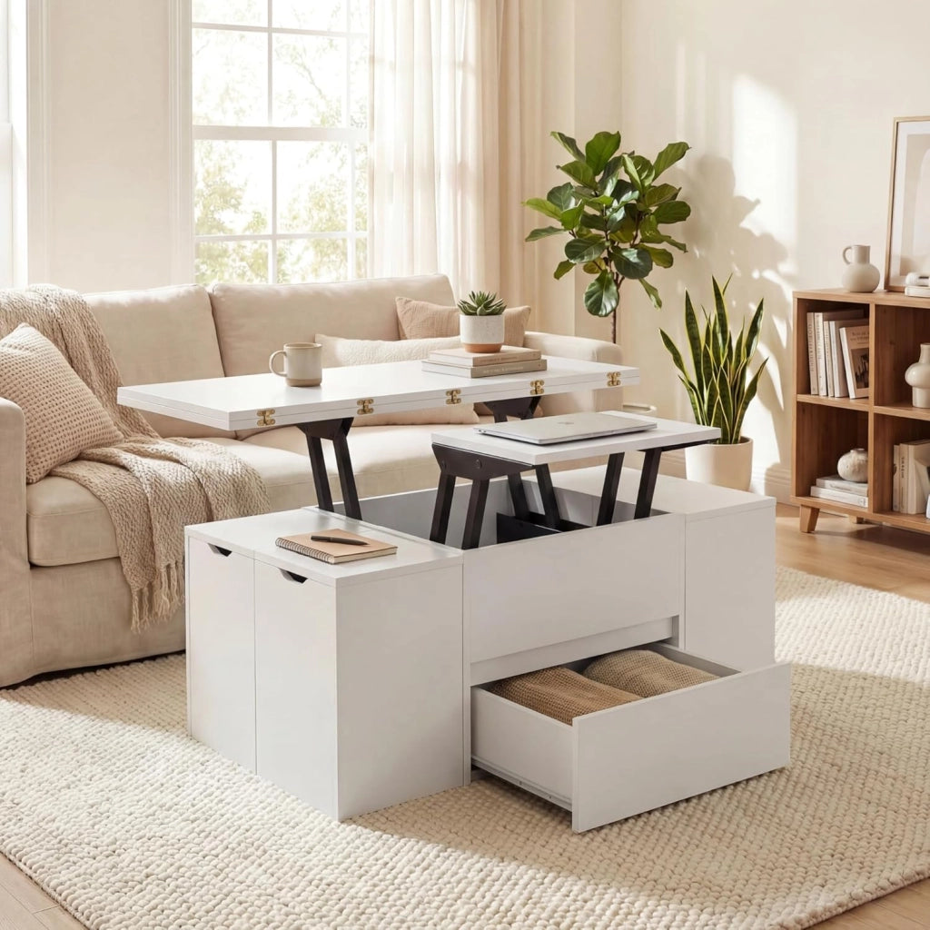 Tavolino da Caffè Sollevabile, Tavolini Salotto Moderno con 4 Sgabelli Ripiegabili, Vano Nascosto, 1 Cassetto, Carico 75 KG, Tavolo per Salotto, Ufficio, 100 X 100 X 62 CM (Bianco)