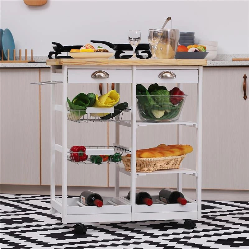 CARRELLO DA CUCINA CON 2 CESTELLI E TOP LEGNO 74X37X76 CM COLORE BIANCO