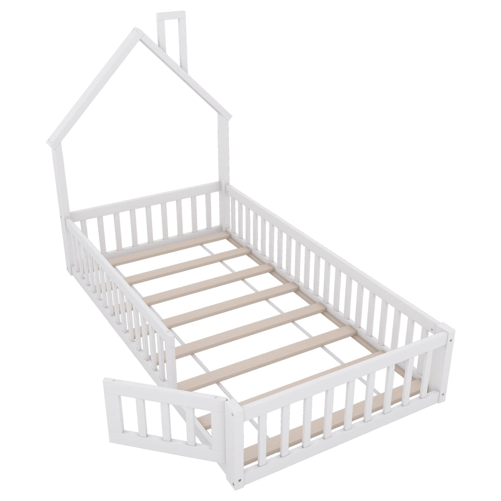 Letto Casetta 90×200 cm; Letto Singolo con Sponda di Sicurezza e Design Camino; senza Materasso; Bianco