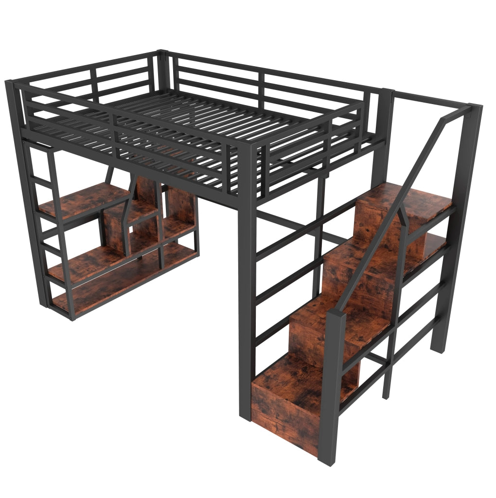 Letto a soppalco 140x200 cm con LED; scaffali e scala contenitore in metallo e MDF nero