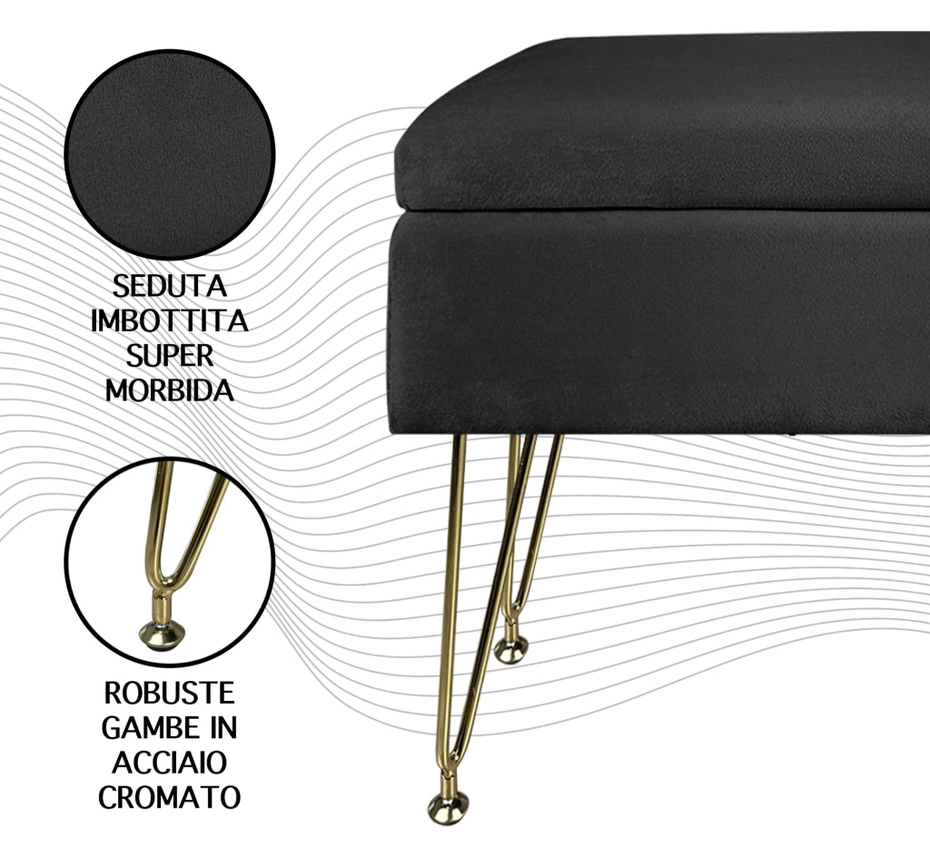 Pouf Panca Imbottita Divanetto In Velluto Contenitore PortaOggetti Panca Sgabello A Pie Di Letto Con Gambe In Metallo Dorato Cassapanca Scarpiera Ingresso Legno Massello Panchina  - Nero