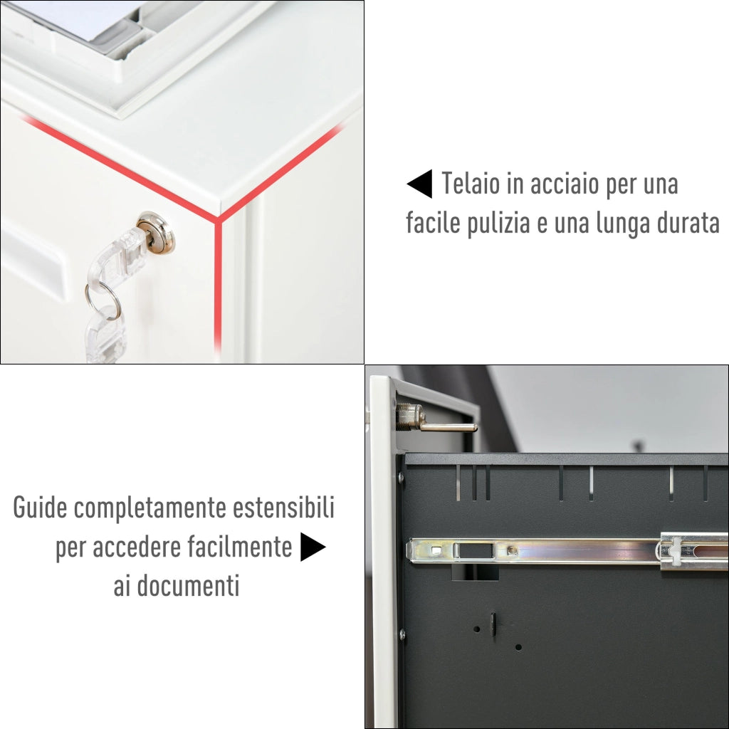 EasyComfort Cassettiera Ufficio con Ruote, Schedario Portadocumenti a 2 Cassetti con Serratura e 2 Chiavi in Acciaio, 39x48x67cm, Bianco