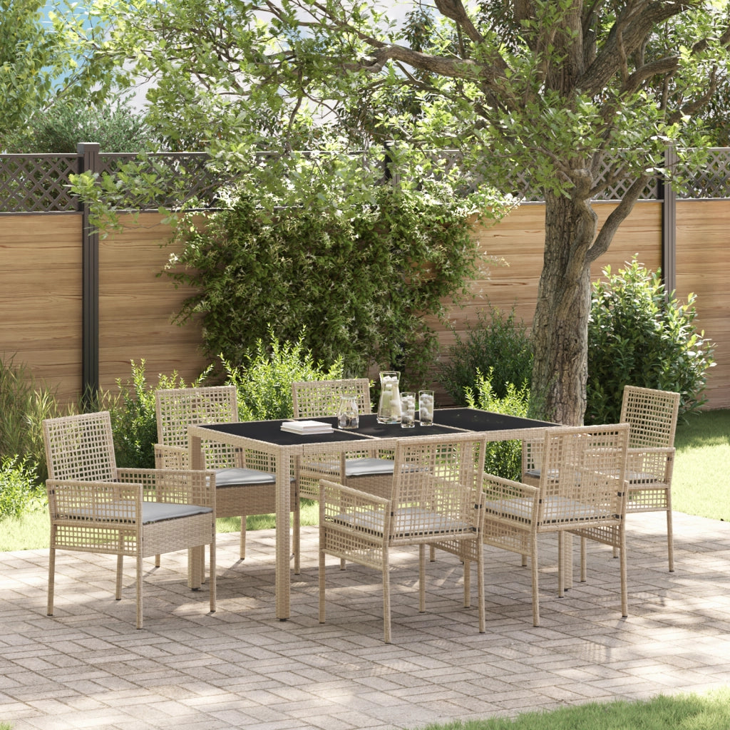 Set da pranzo per giardino 7 pezzi con cuscini in polirattan beige