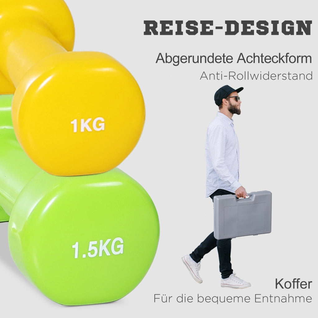 Set di manubri con custodia, 4 paia di manubri, 0,5, 1, 15, 2 kg, portatili per casa e palestra, ferro, plastica