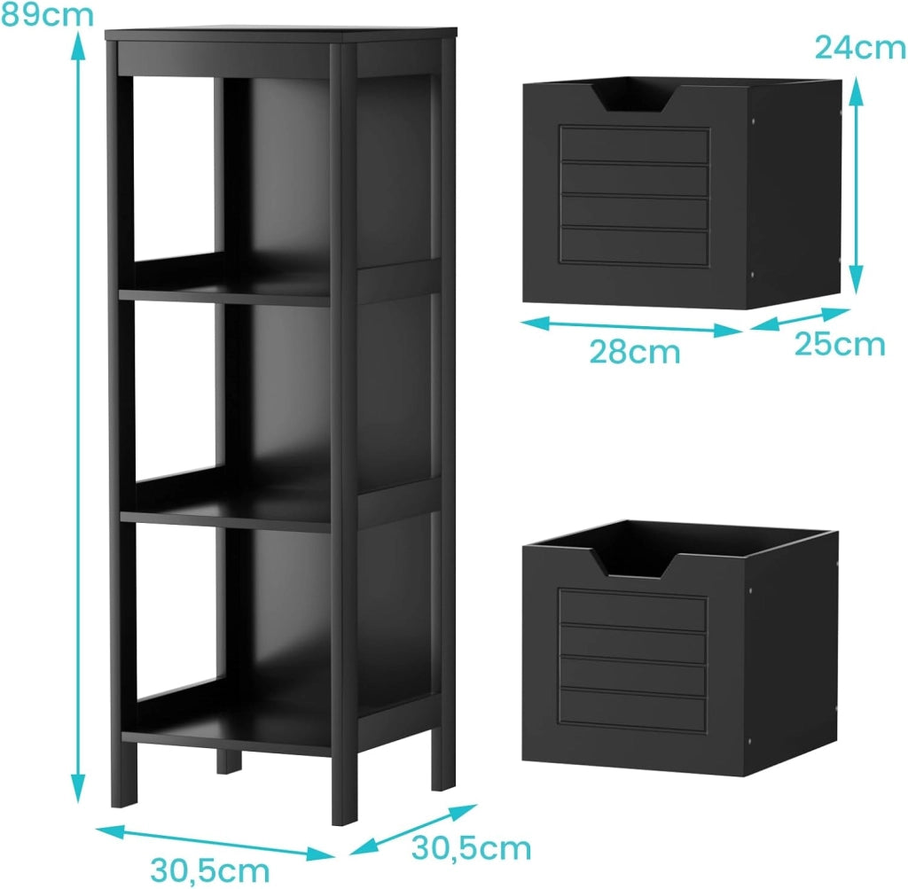 Armadietto da Bagno, Mobile di Legno Multifunzionale, con 2 Cassetti Rimovibili, Scaffale per Casa Ufficio Hotel, 30 x 30 x 89 cm (Nero)