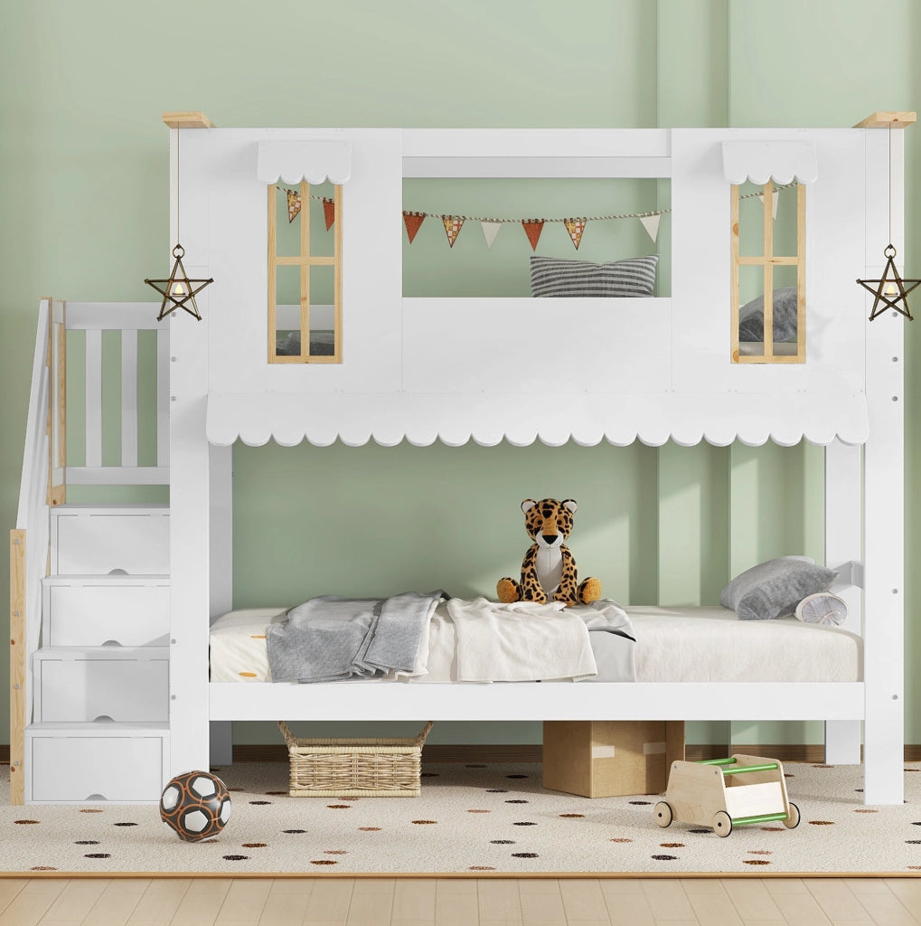 Letto a castello per bambini 90x200 cm con scala contenitore