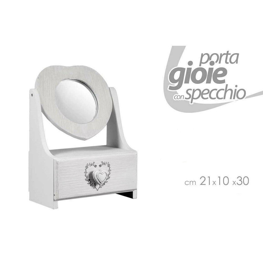 Trade Shop - Porta Gioie Cassetto Gioielli Legno Con Specchio Decoro Cuore 21x10x30cm 678561 -