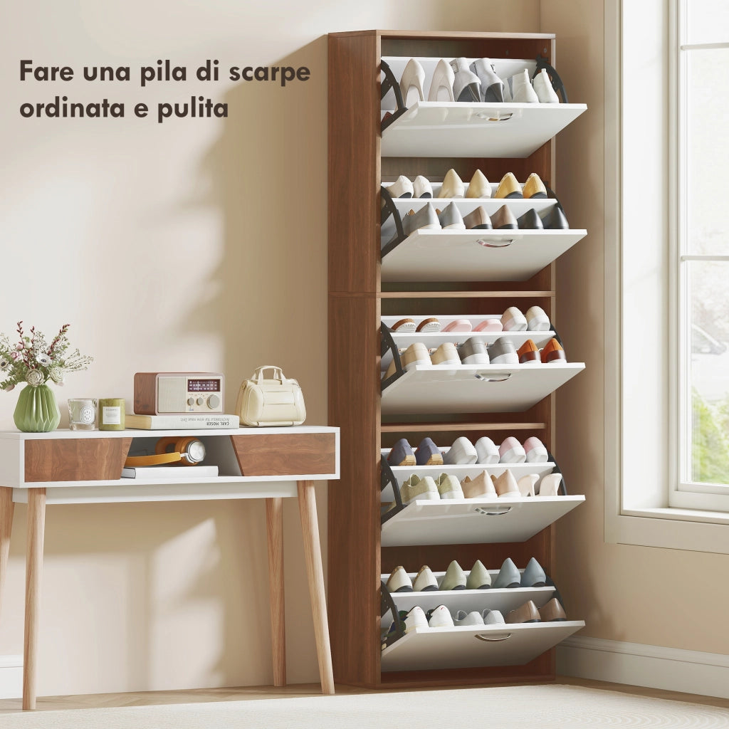 Scarpiera 5 Livelli con Ripiani ¨C zephmum ¨C MDF Bianco e Marrone 60x28x189 cm