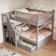 DESMIU Letto a castello 4 posti con scala contenitore e cassetto, 140 × 200 cm, senza materasso, legno grigio
