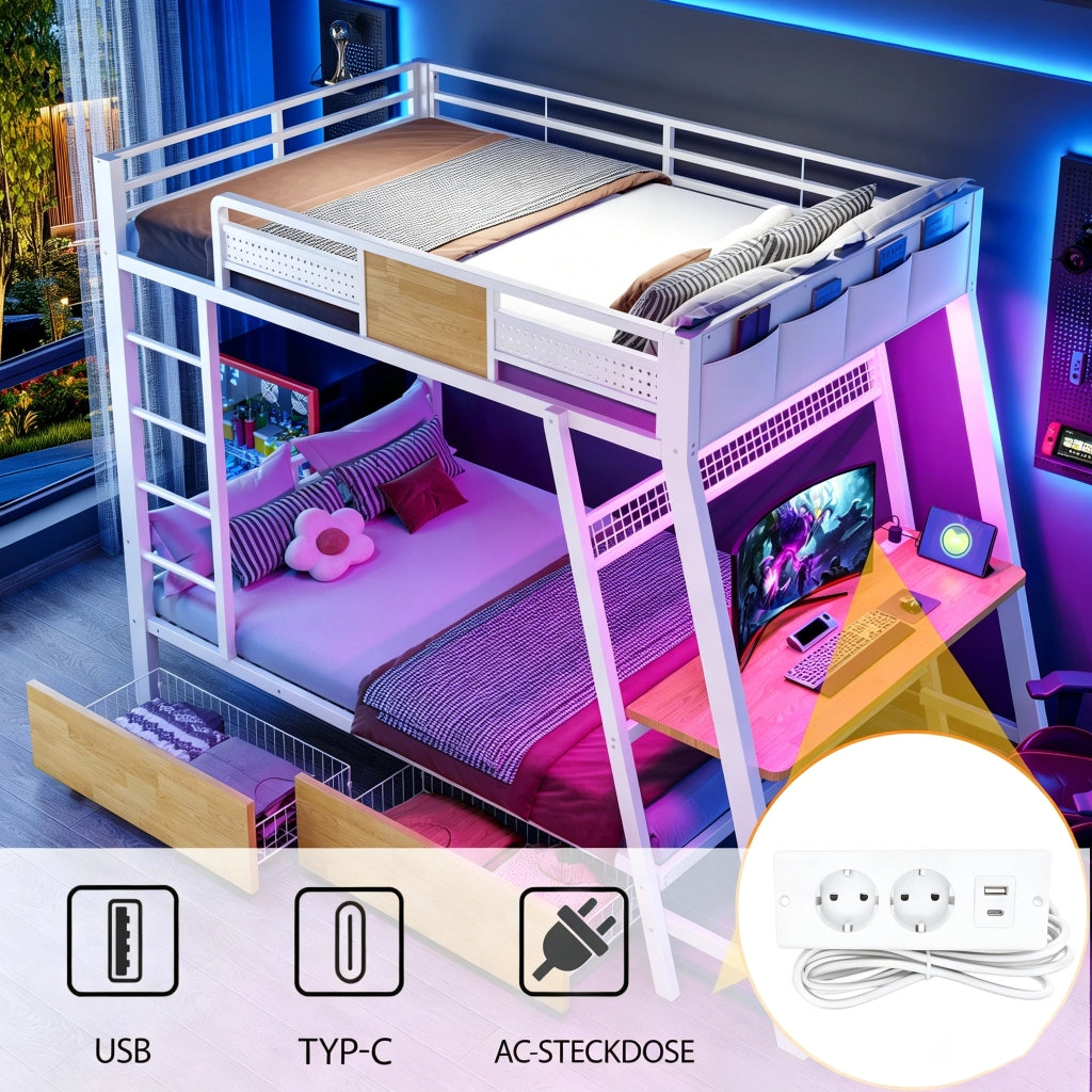 Letto a soppalco 90 × 200 cm con scrivania, prese USB e Type-C, LED e contenitori, senza materasso, metallo bianco