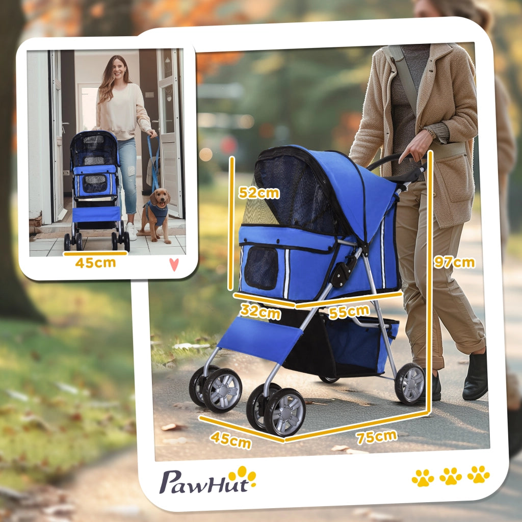 Carrello pieghevole per animali a 2 ripiegamenti con accesso a zip, cestello e 2 portabicchieri in poliestere blu