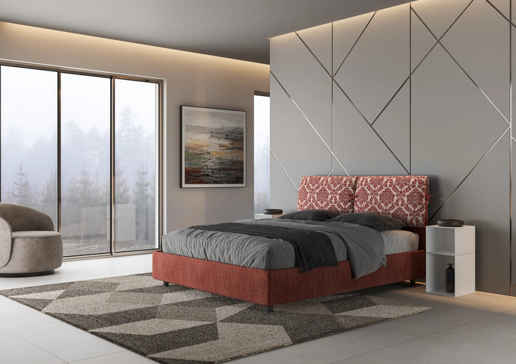 Letto Matrimoniale 160x210 cm con Rete e Contenitore con Testata e Alzata Comoda Imbottito in Tessuto Agata Mados