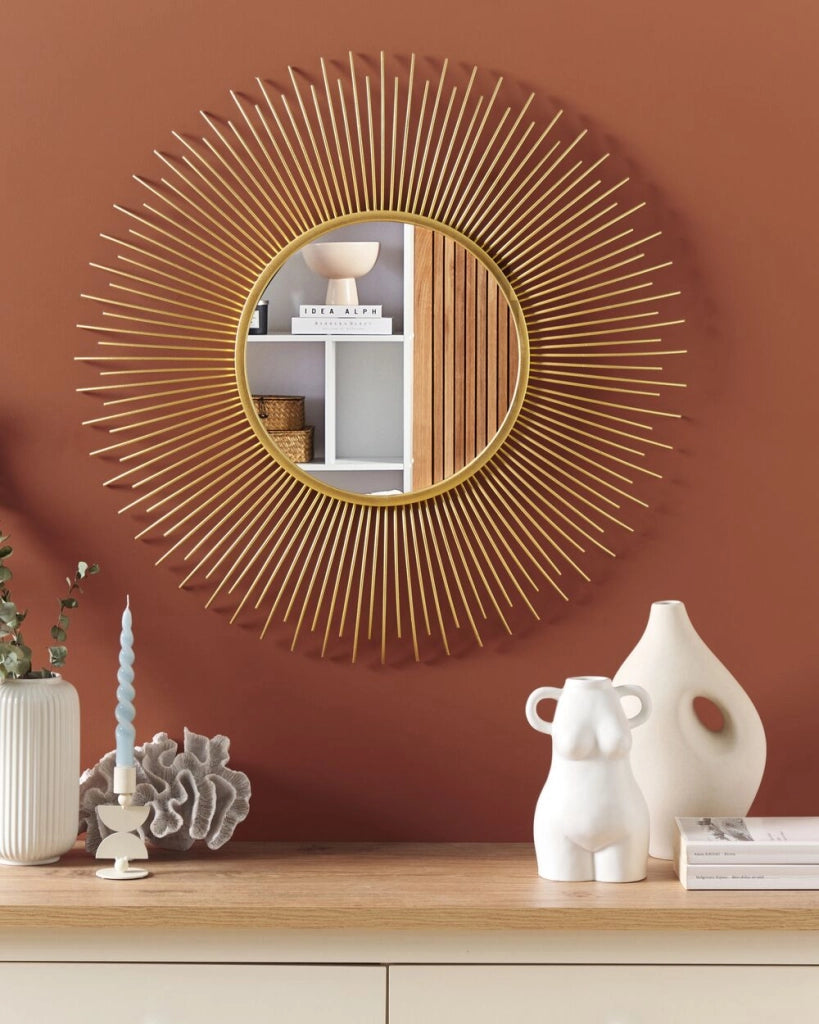 Specchio da parete a forma di sole rotondo dorato da 80 cm a forma di sole