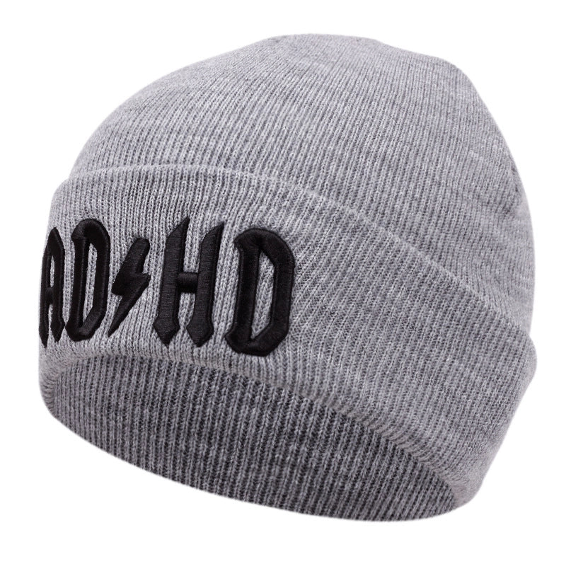 Cappelli invernali caldi lavorati a maglia con ricamo ADHD, colore grigio.