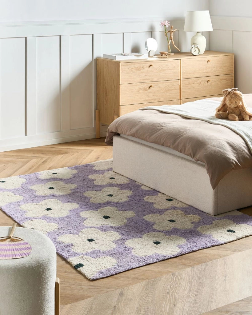 Tappeto viola chiaro in cotone 140 x 200 cm con motivi floreali decorativi in stile bohémien Soggiorno Bambini Camera dei bambini