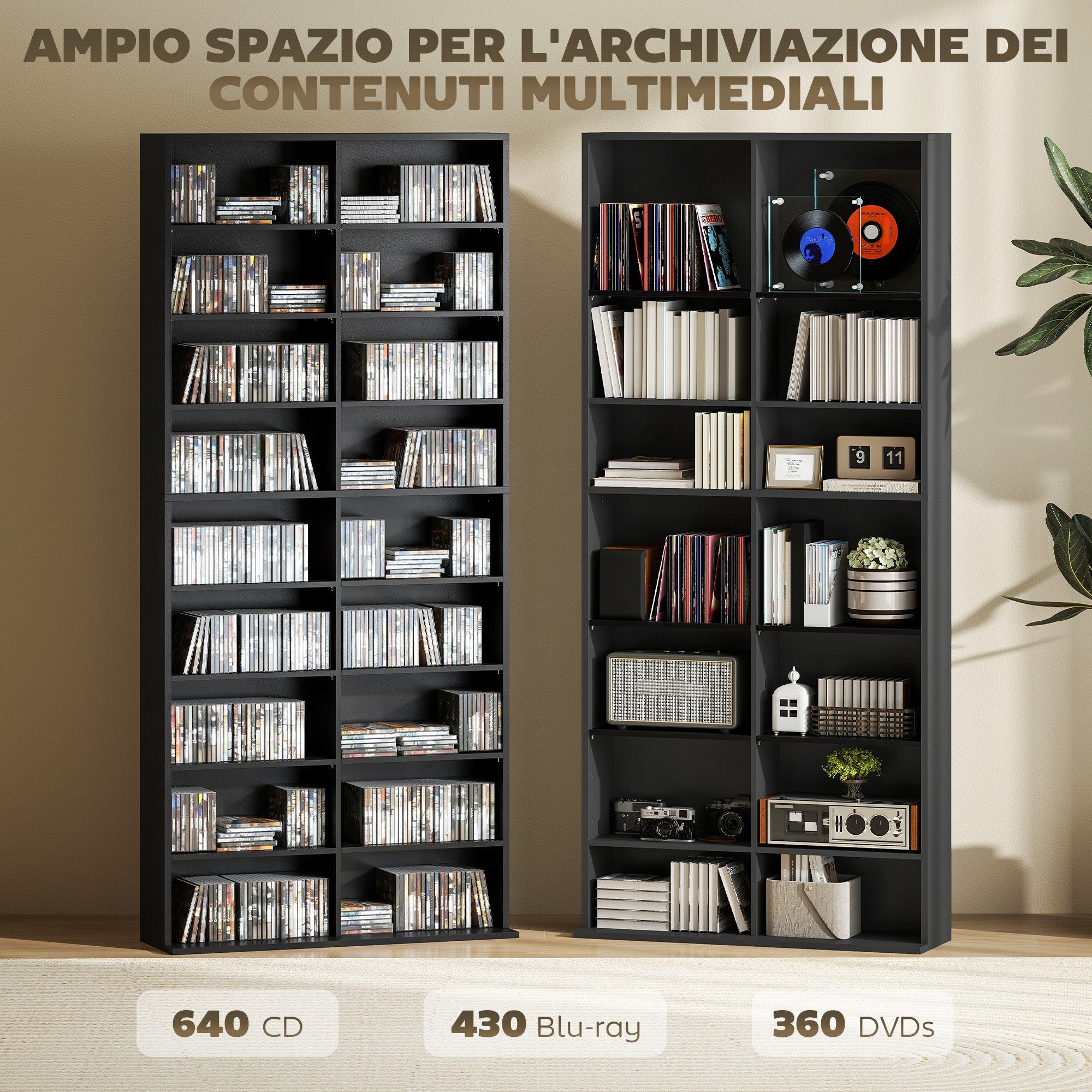 Libreria Porta CD e DVD 78,5x24x175 cm con 14 Ripiani Regolabili Nero